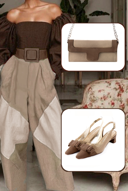 Women's chocolate brown and tan beige elegant slingback heels, with a bow on the front. Tapered toe. Low kitten heels - Top view